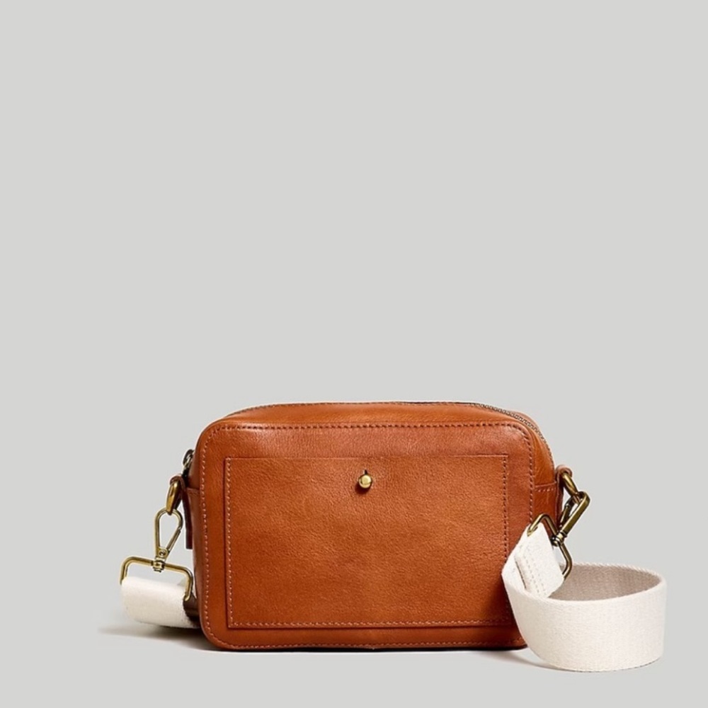 Madewell Leather Crossbody Bag in Cognac Brown with Cream Strap